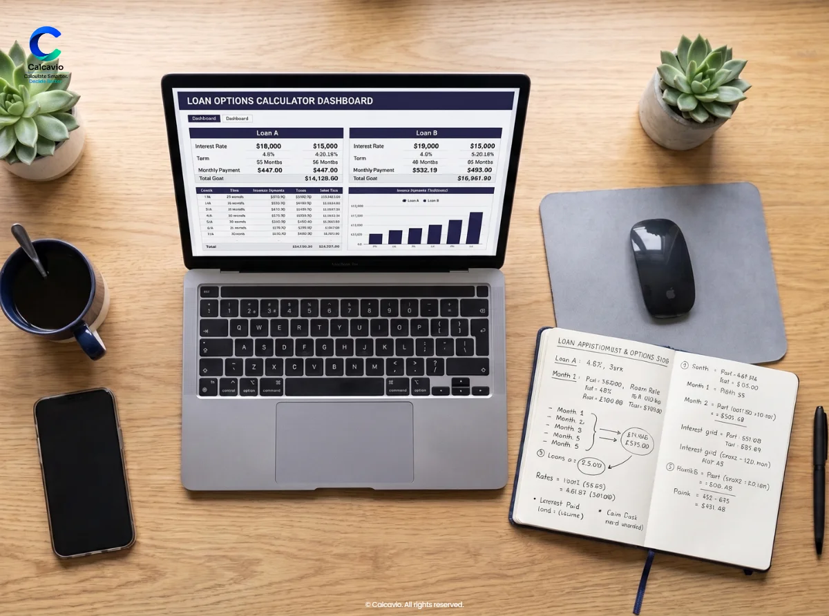 Loans calculators dashboard on a laptop showing monthly payment and total interest, with handwritten amortization notes