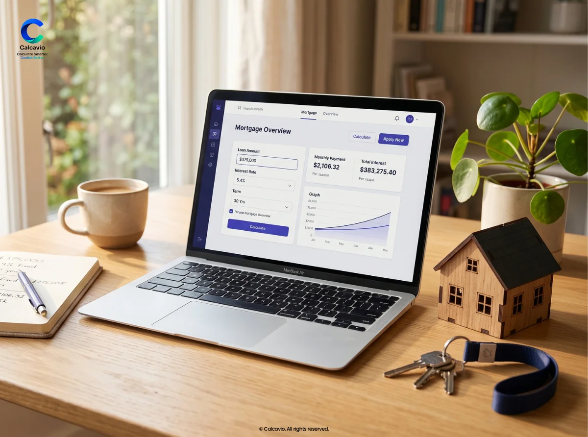 Home buyer using a mortgage calculator to plan a 2026 monthly payment