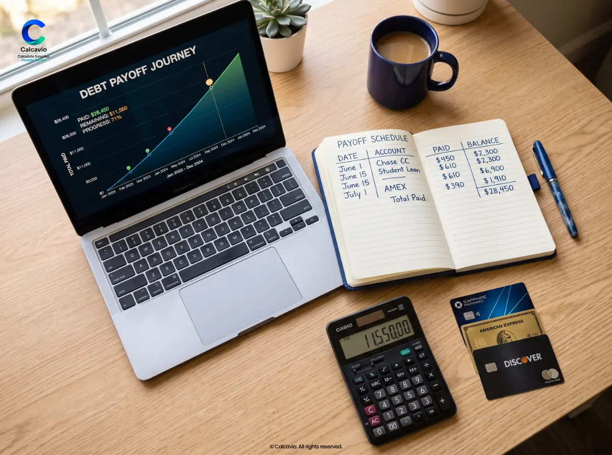 Credit card debt calculators on a laptop beside statements and a payoff schedule