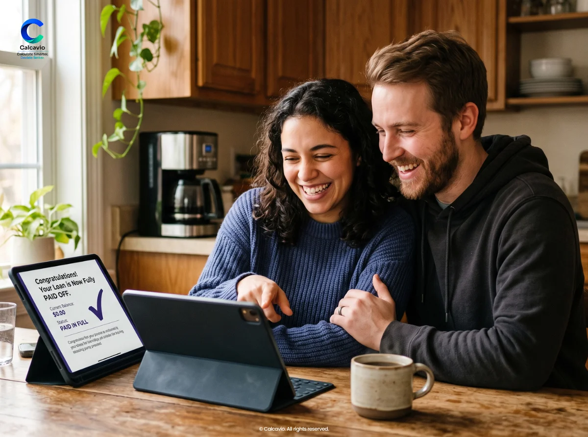 Relieved couple at a kitchen table reviewing a paid-off loan statement on a tablet