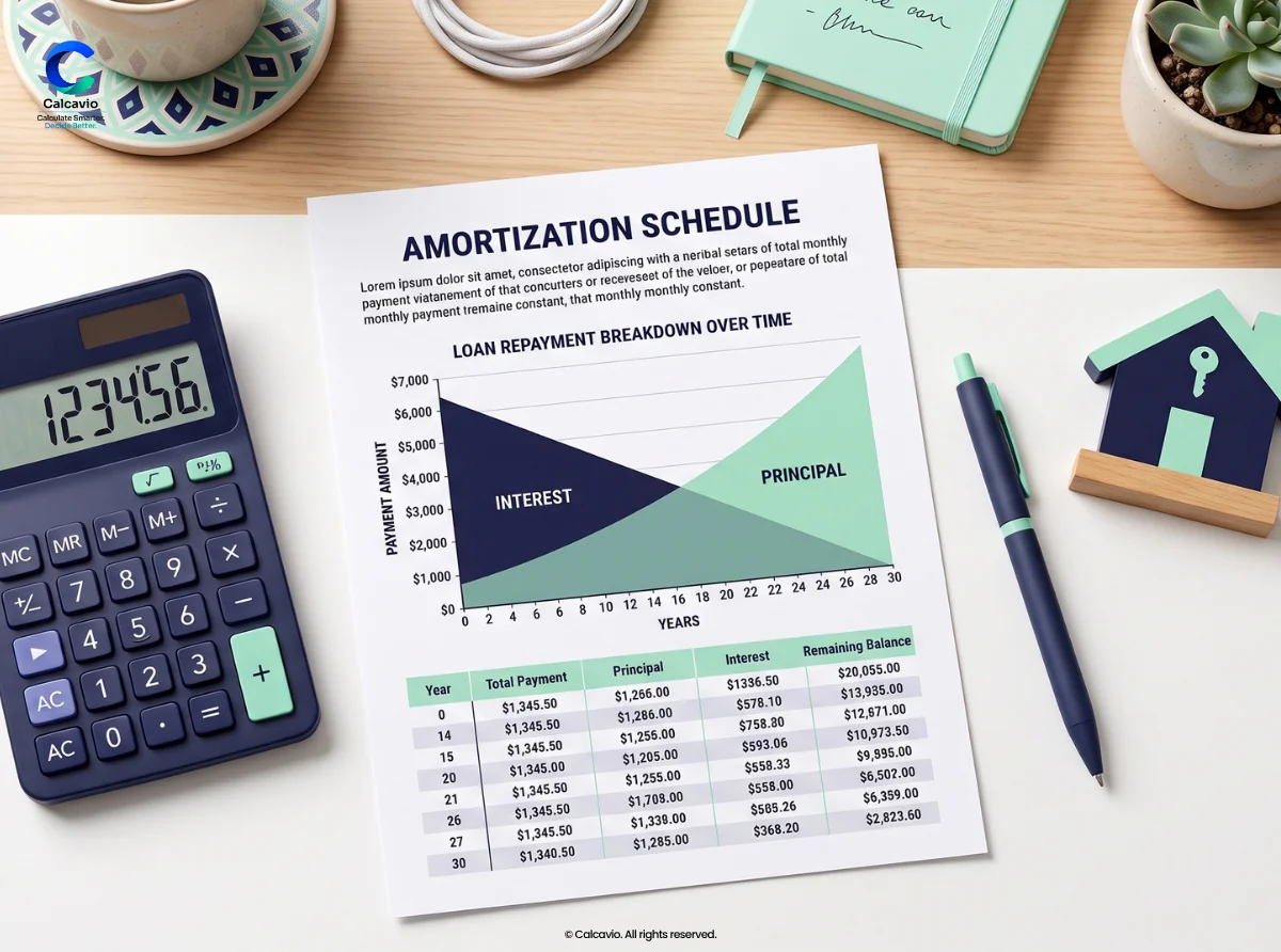 Amortization chart from a mortgage calculator showing principal and interest over time