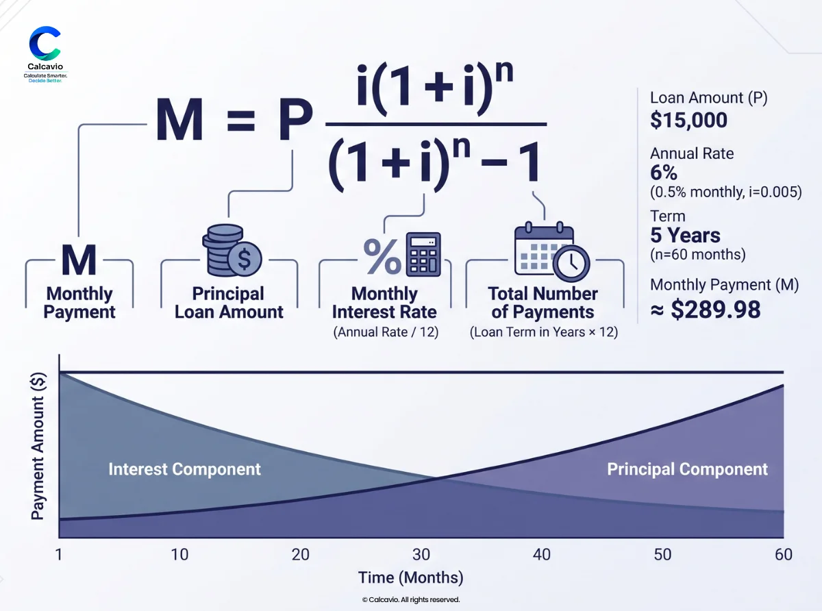 Diagram of the loan amortization formula labeling principal, monthly rate, and number of payments with a worked example