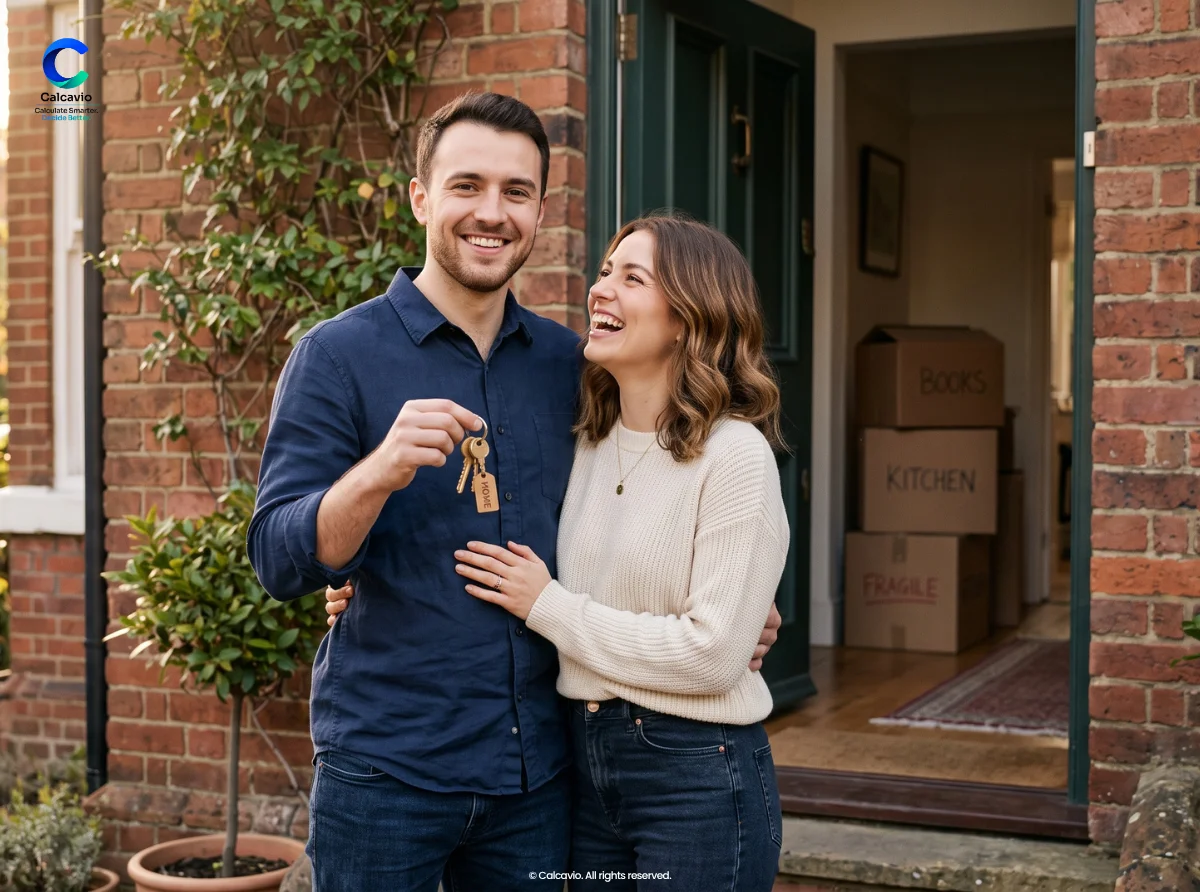 Happy couple holding keys to their first home after using a mortgage calculator