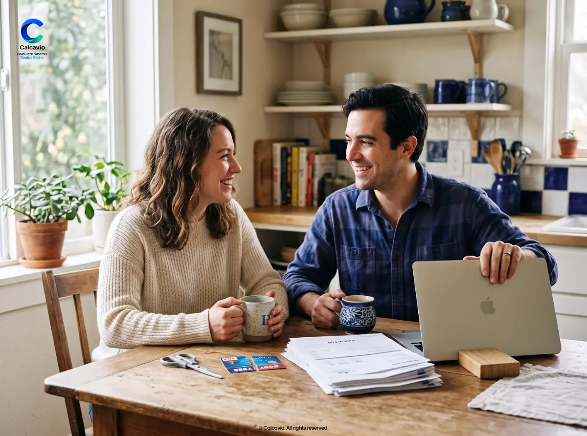 Debt-Free After the Final Card Payment Couple at a kitchen table celebrating their final credit card payment