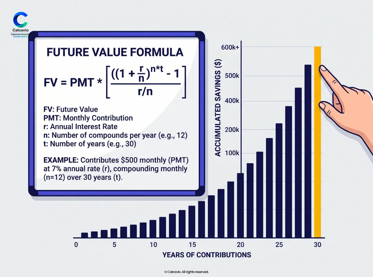 Retirement calculators formula example: future value of monthly contributions compounding