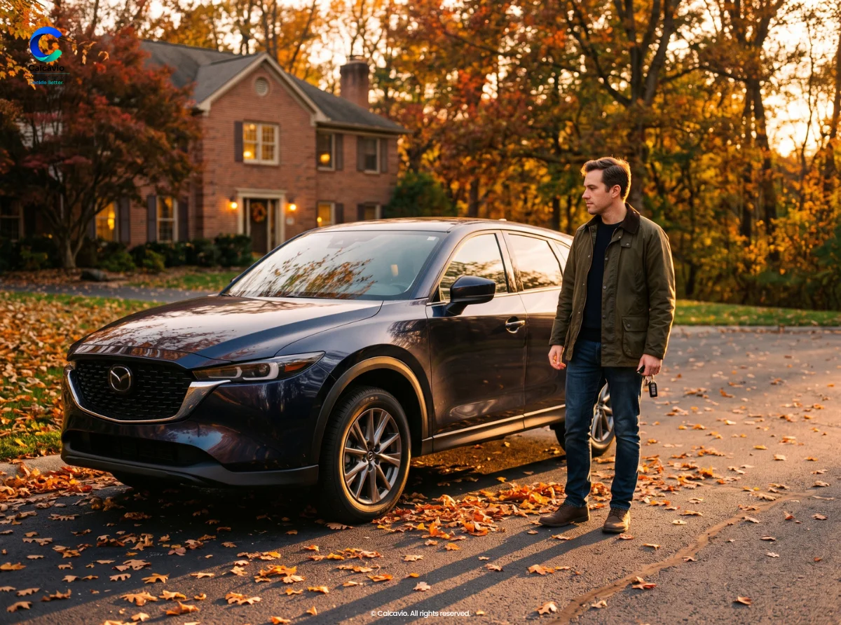 New car parked in a driveway representing five years of vehicle depreciation