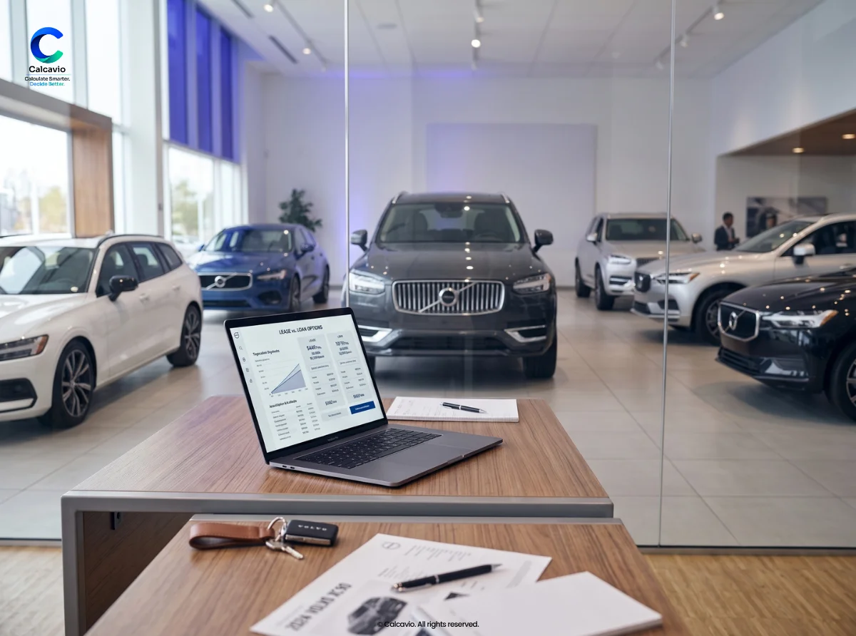 Car buyer comparing auto loan and lease payment calculations on a laptop