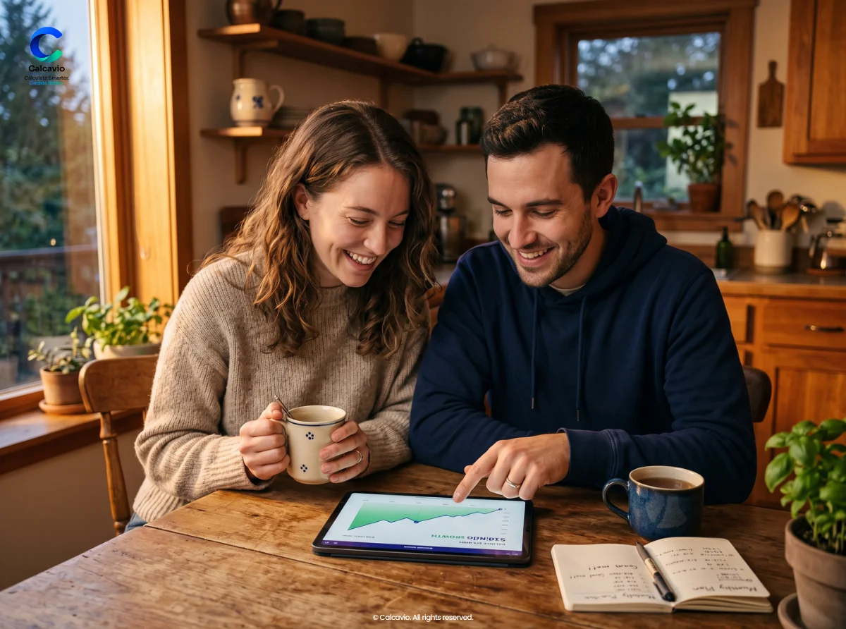 Couple using personal finance calculators to check their savings rate and net worth at home