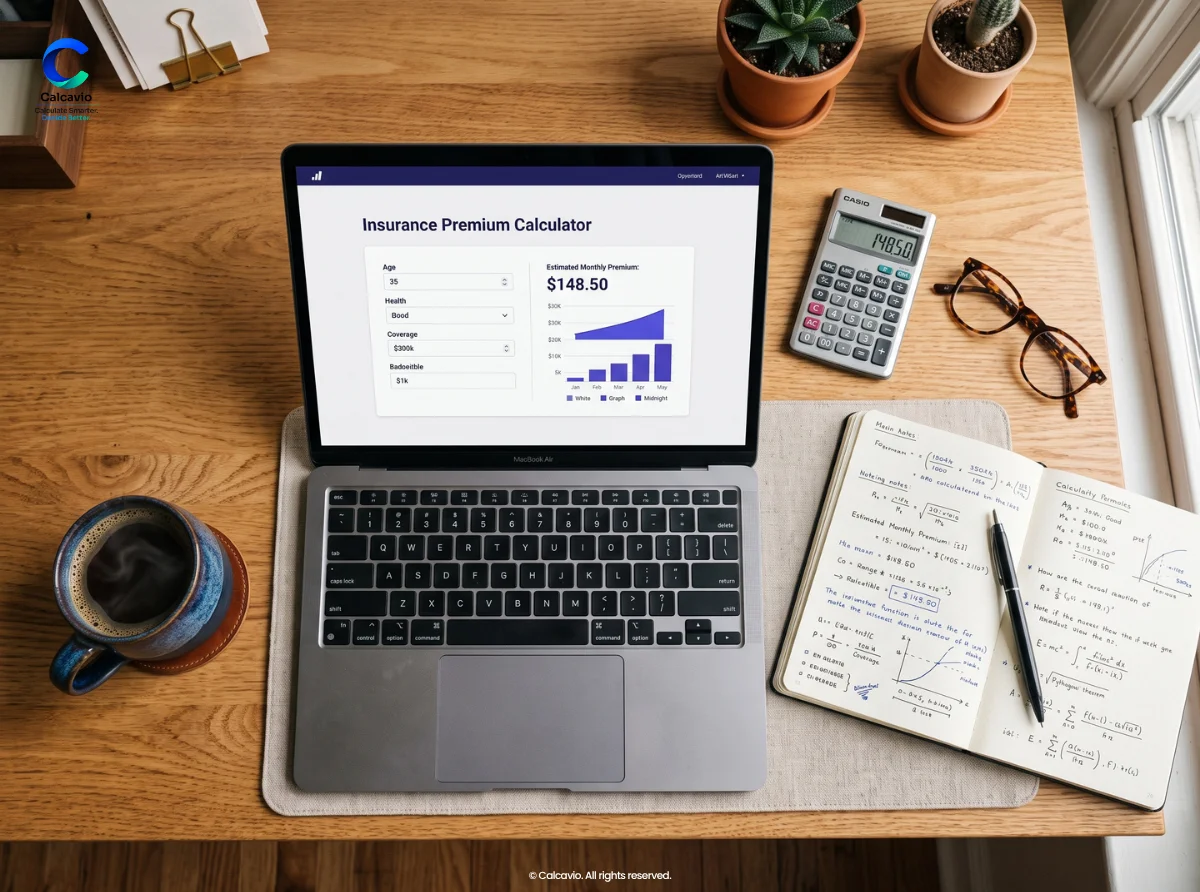 Insurance calculators and formulas on a notepad beside a laptop screen