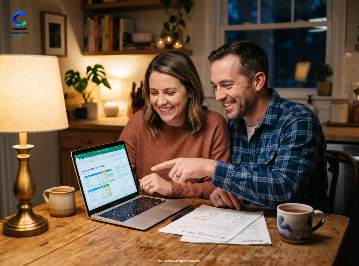 Running the Family Coverage Numbers Couple reviewing insurance calculators coverage numbers together at their kitchen table