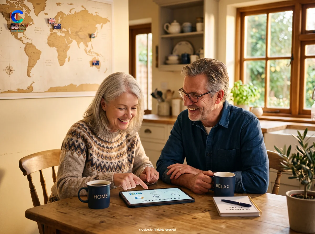 Couple reviewing retirement calculator results for US, UK, Canada, and Australia