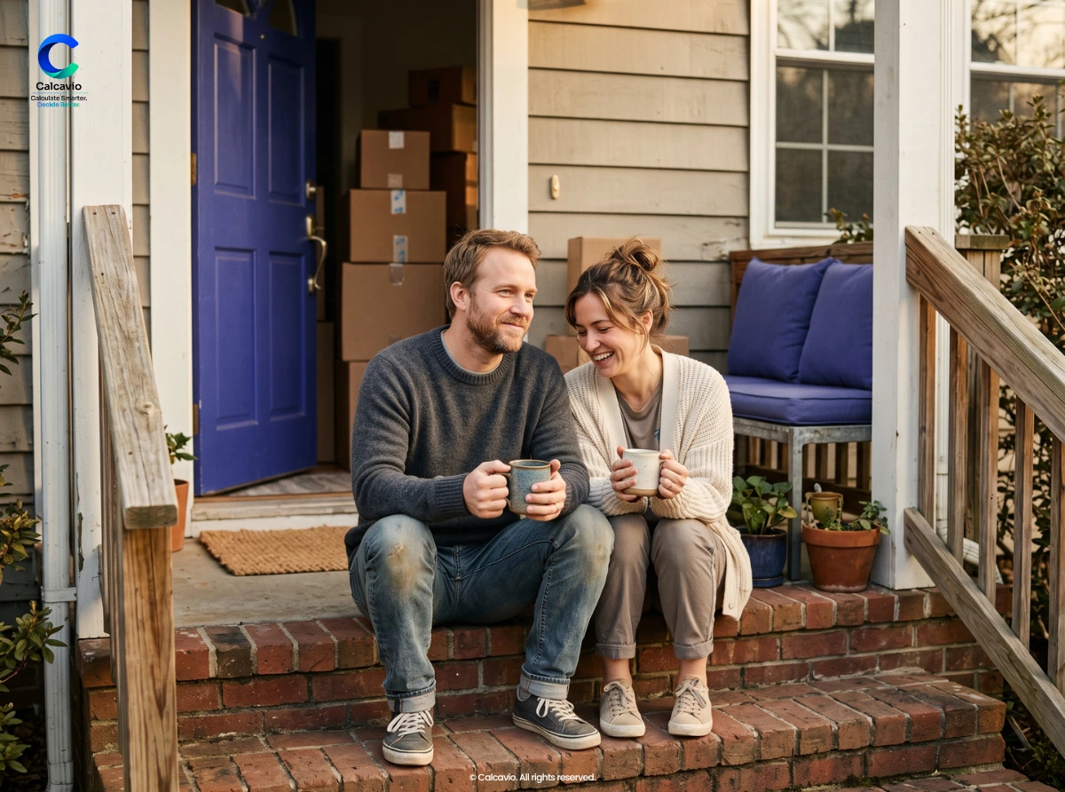Couple relaxing on the steps of a home bought within the 28/36 rule after doing search from calcavio that how much house can I afford