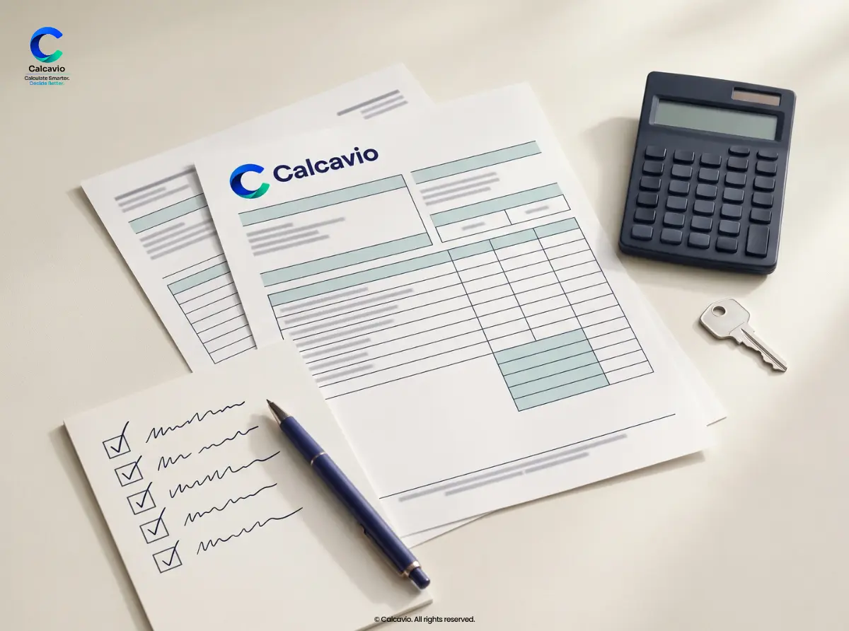 Compare Your Escrow Statements and Bills Escrow statement checklist, blank documents, pen, calculator, and a house key.