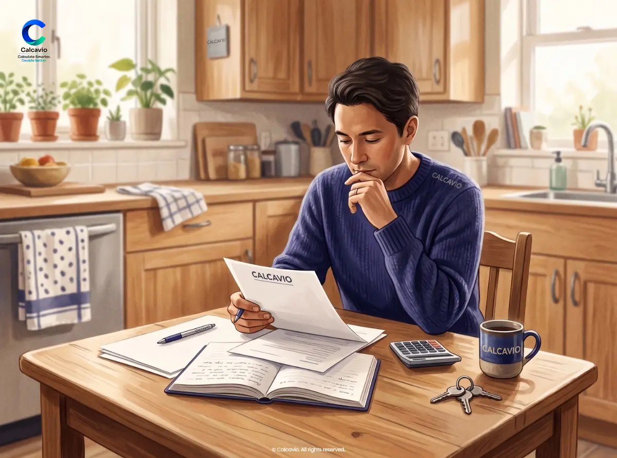 Planning Mortgage Payments Without Draining Savings Homeowner reviewing mortgage papers and savings notes at a kitchen table.