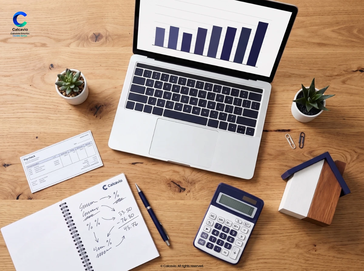 Desk with calculator and notepad working out the 28/36 rule by salary