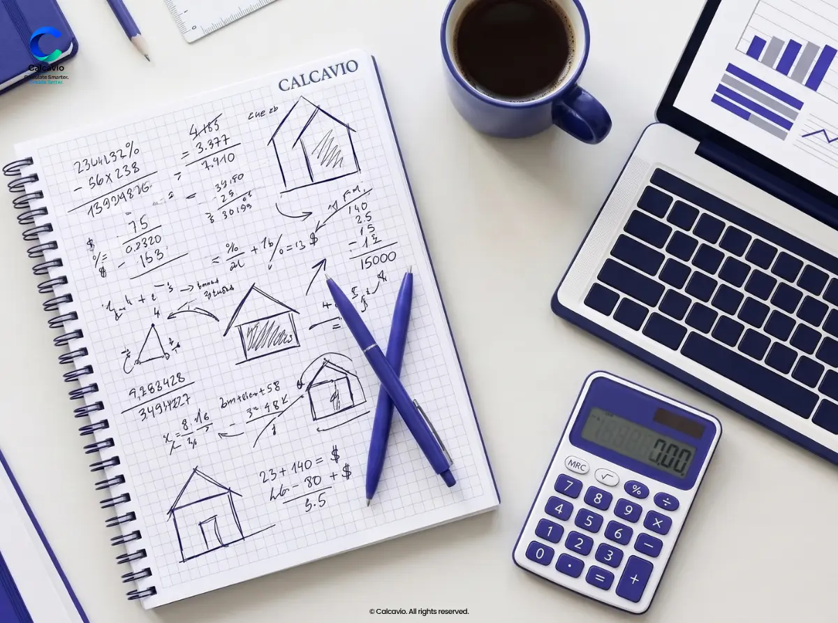 Worked Mortgage Buying Power Example Notepad, calculator, and laptop used to work out mortgage buying power at 7.4%