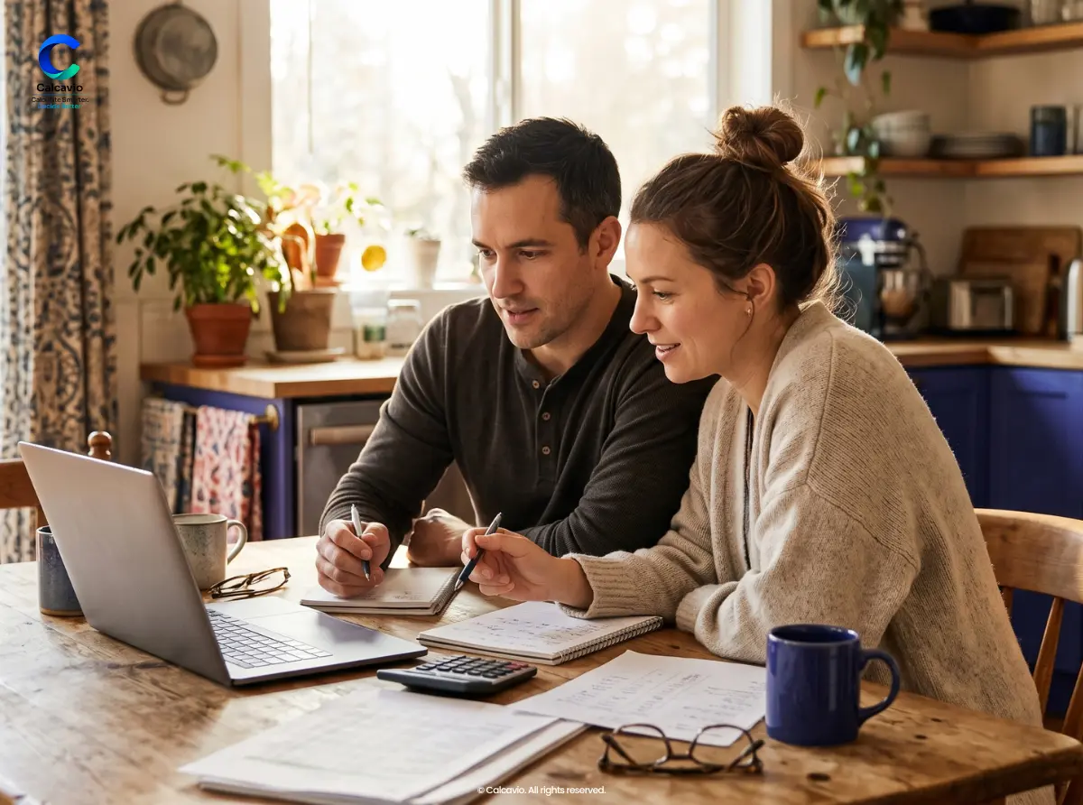 Couple Reviewing a Home Budget Couple reviewing 7.4% mortgage rate of their monthly home budget and home buying power at the kitchen table
