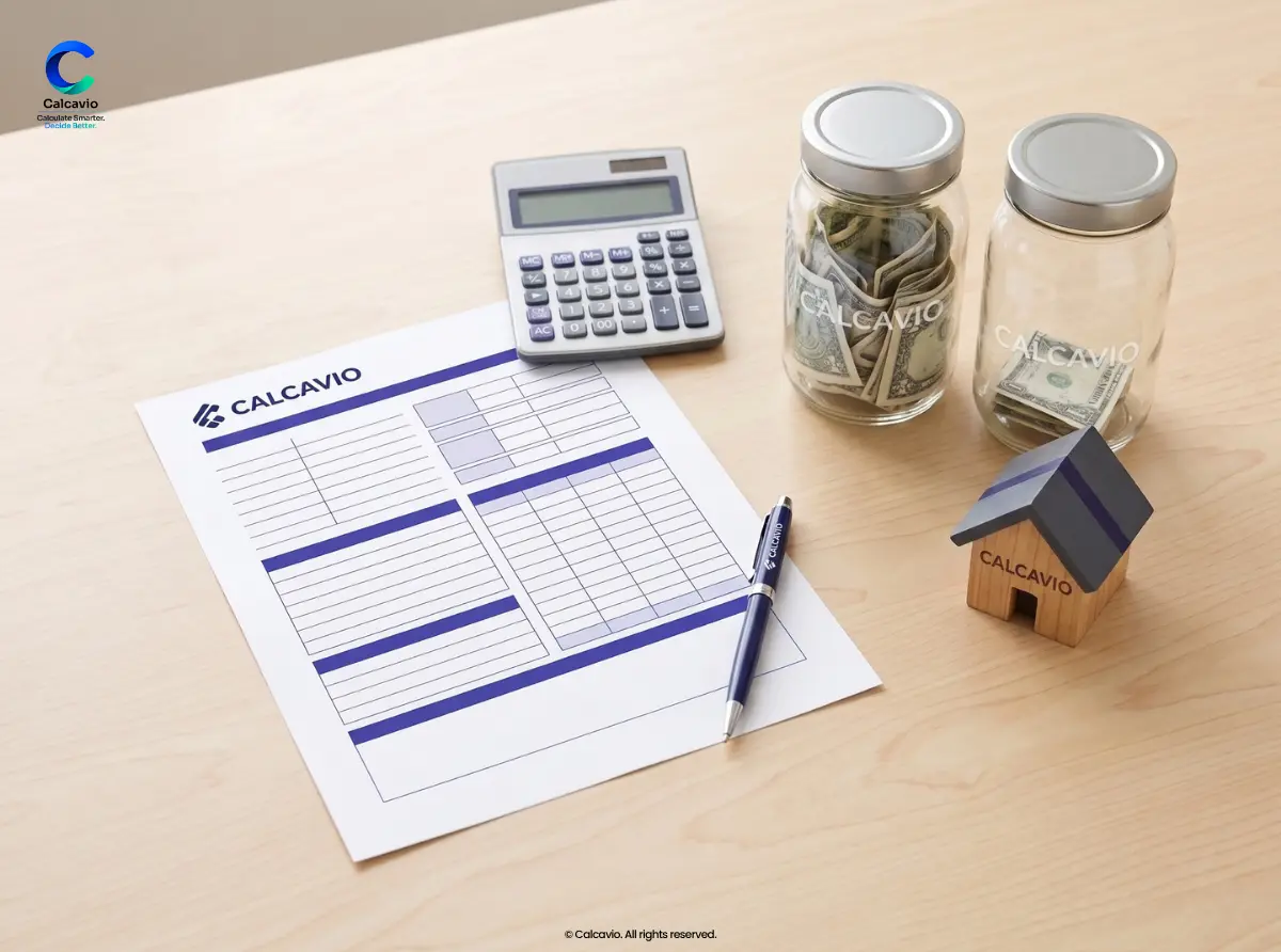 A Worksheet for the PMI Paydown Decision Blank mortgage decision worksheet beside two savings jars and a calculator. Illustration weighing whether to pay down your mortgage to remove PMI.