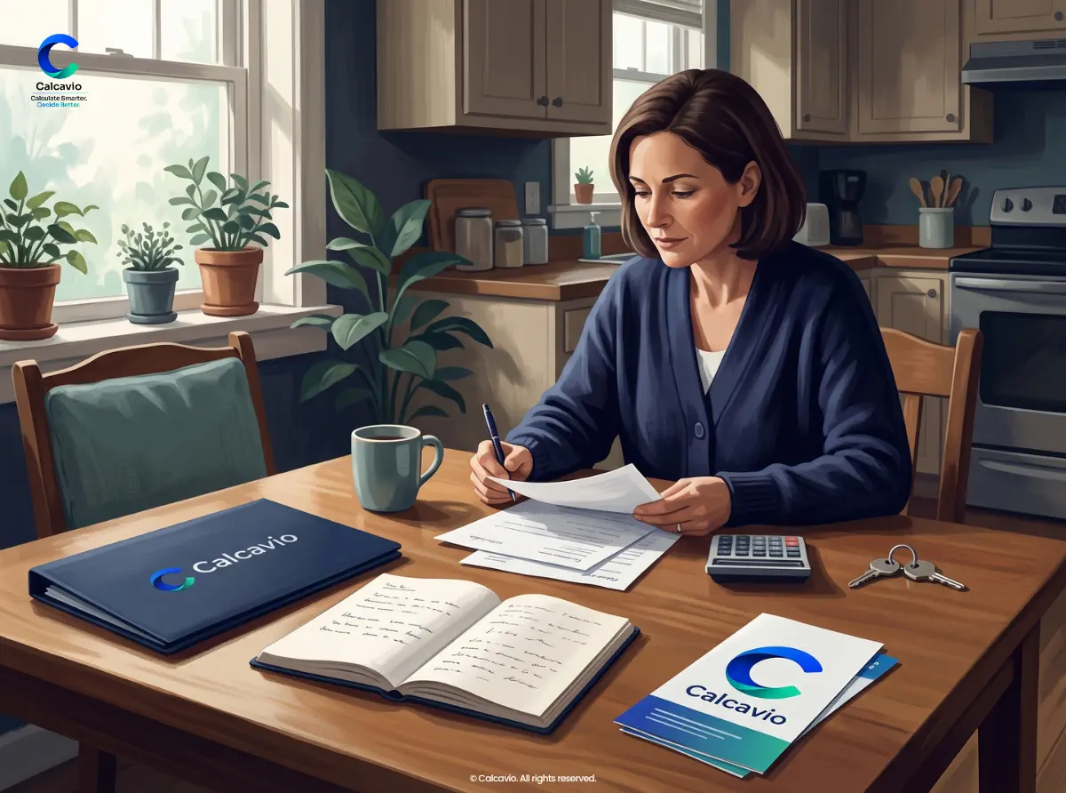 Planning for Changing Mortgage Escrow Costs Homeowner reviewing mortgage paperwork and a calculator at a kitchen table.