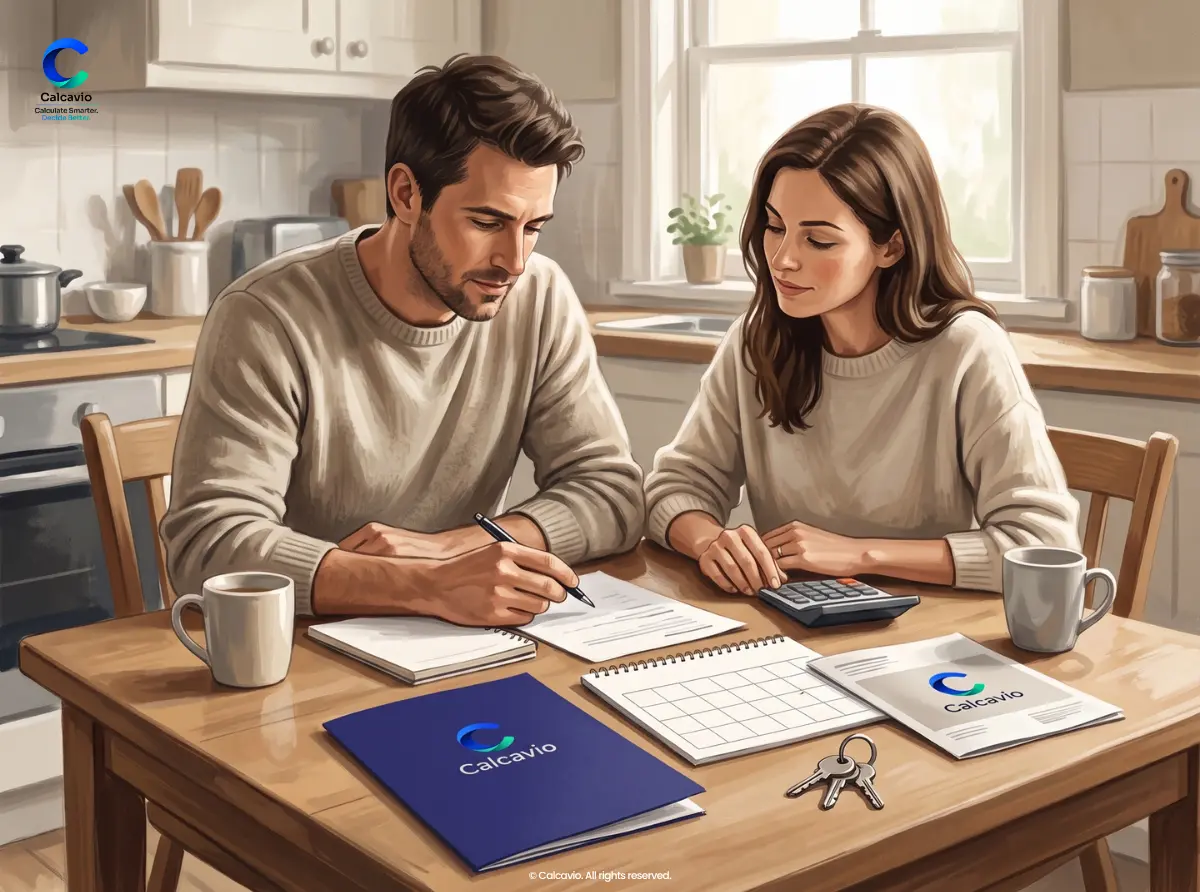 Homeowners reviewing blank payment-planning papers at a kitchen table. Homeowners reviewing blank payment-planning papers at a kitchen table.