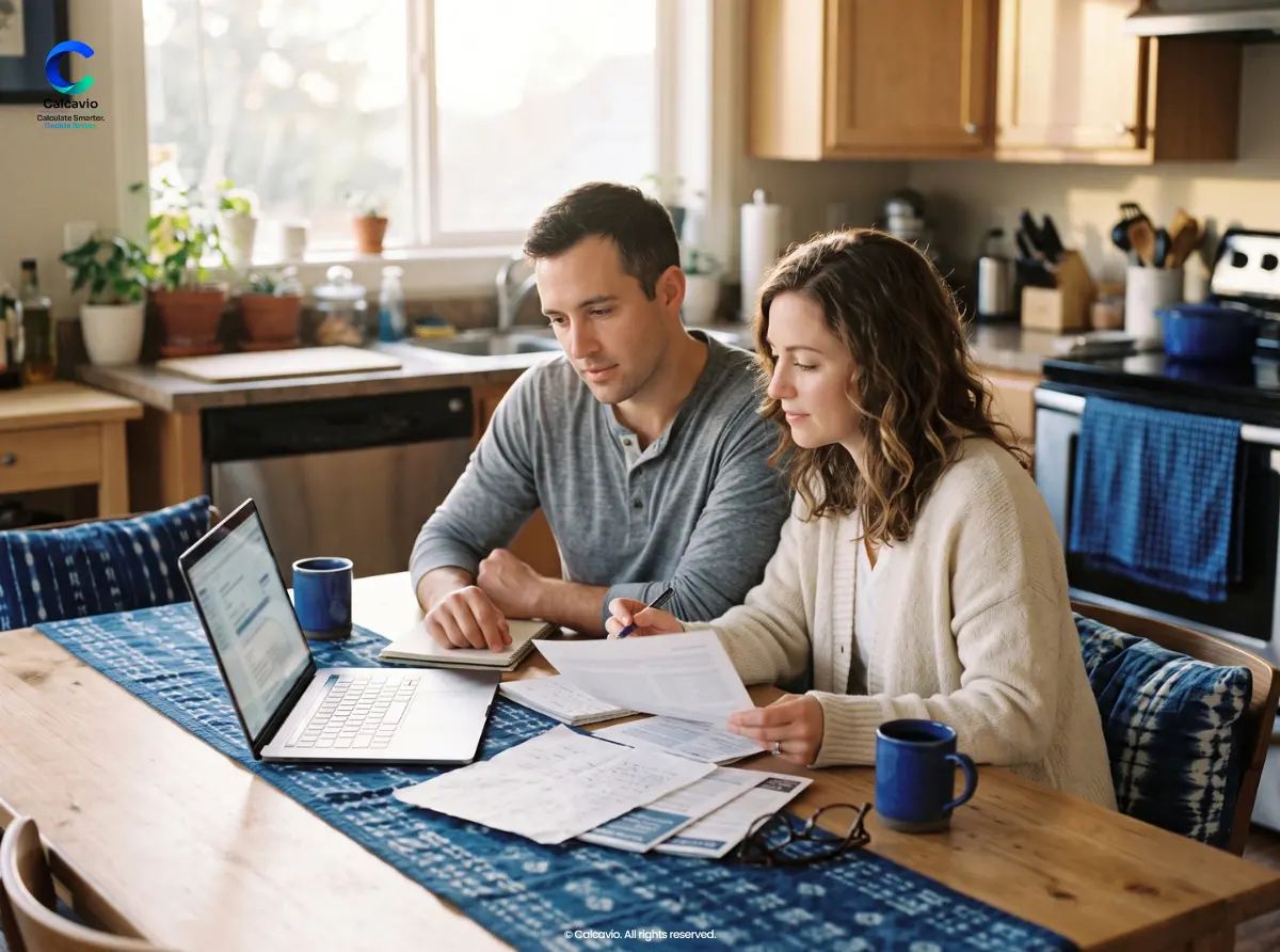 Comparing an ARM and a Fixed-Rate Mortgage Couple at a kitchen table comparing an ARM and fixed-rate mortgage