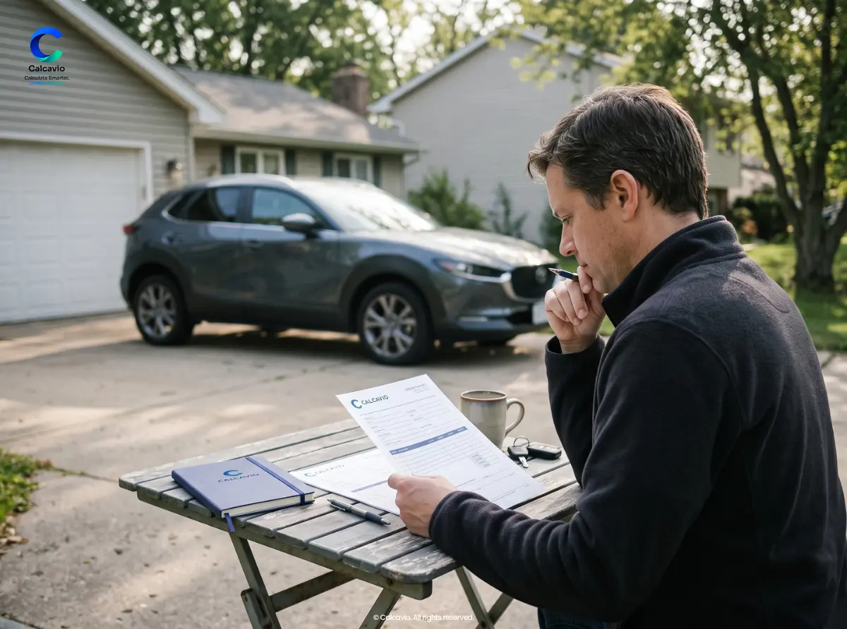 Reviewing Quotes Before Choosing a Car Shopper reviewing vehicle quotes beside a parked car at home also car clearance discount