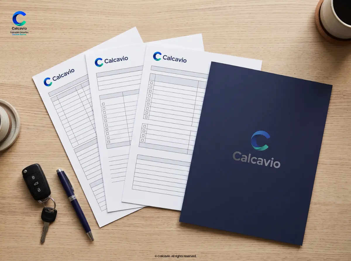 84-month car loan exit documents with blank forms and vehicle keys