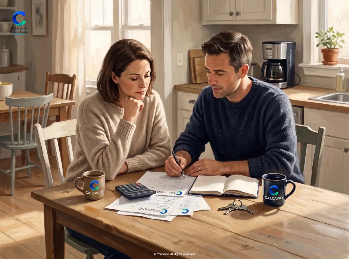 Planning for the Full Mortgage Payment Two homeowners reviewing papers beside a calculator at a kitchen table.